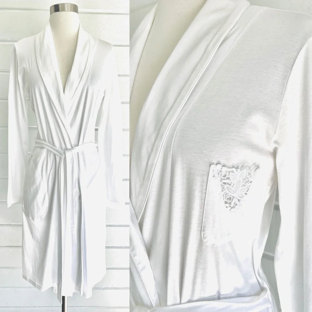 HANRO 100% Mercerized Cotton Shawl Collar Wrap Robe w/Lace Pocket Detail - XS